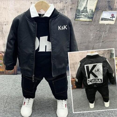 3PCS Suit Baby Boy Clothes Children winter Toddler Boys Clothing set New Kids Faux leather coat, knit sweater, plush jeans 2-6Y