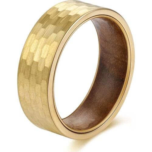 POYA Hammered Tungsten Ring Mens 8mm Gold Plated Wedding Engagement Band Koa Wood Inside Comfort Fit