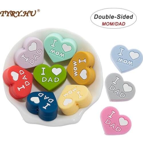 NEW ARRIVAL 2pcs Silicone DIY (I LOVE MOM/DAD) Heart-Shaped Silicone Beads For Childrens Toys & Pacifier Clip Spacer Beads
