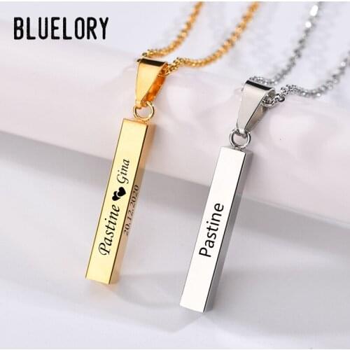 Bluelory Customized Name Bar Necklace Stainless Steel Laser Engraved Names Date Custom Jewelry For Men Women Birthday Gift