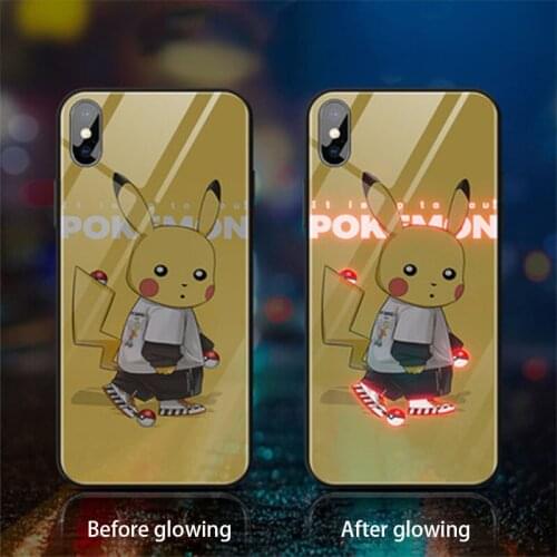 Pikachu Pokemin Led Phone Case Smart Colour Flashing Call Flash for Apple 678 Plus 12 Pro X XS XR MAX Luminous Glass Shell