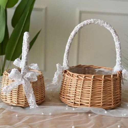 Hand Weaving Rattan Flower Basket Wedding Flower Girl Basket Bride Portable Small Basket Crafts Flower Shop Decor Ornaments
