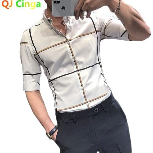 Summer New White Striped Checked Shirt with Half Sleeve for Mens High Quality Slim Shirts Single Breasted Lapel Camisa/Chemise