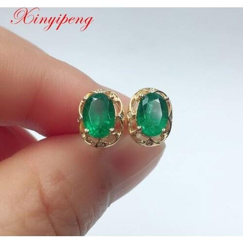 Xin Yipeng 18K yellow gold inlaid real natural emerald earrings diamond earrings fine jewelry holiday gifts for women 5×7mm