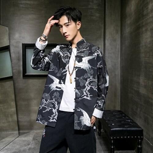 Traditional Chinese Clothing For Male Cheongsam Crane Print Shanghai Tang Clothes Kimono Kung Fu Chinese Mandarin Jacket TA1866