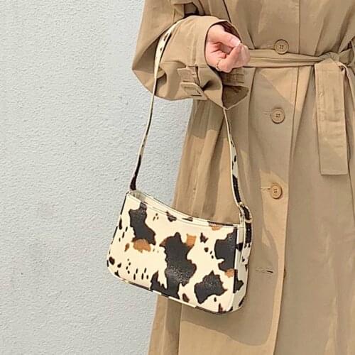 Vintage PU Leather Milk Cow Print Women Baguette Handbag Fashion Design Ladies Shoulder Crossbody Bags Retro Female Clutch Purse