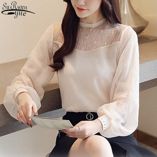 2021 New Stand Collar Long Sleeve Blouse Casual Loose Ladies Tops Autumn Lace Chiffon Shirts Women Fashion Apricot Blusas 10701