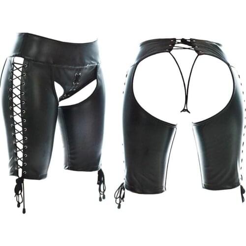 Women PU Leather Fetish Open Butt Long Shorts Boxer Brief with Crotch and Side Lace Up T-Back Sexy Hot Pants Mistress Costume