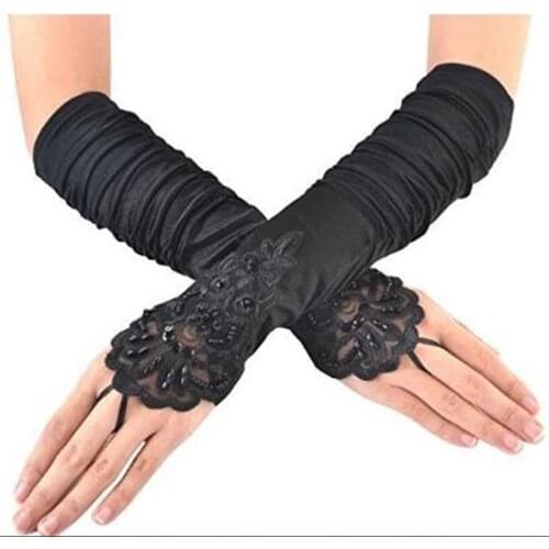 In Stock Lace Appliques Beads Bridal Gloves Ivory/White/Black/Red Long Elbow Length Fingerless Wedding Gloves Bride Accessories