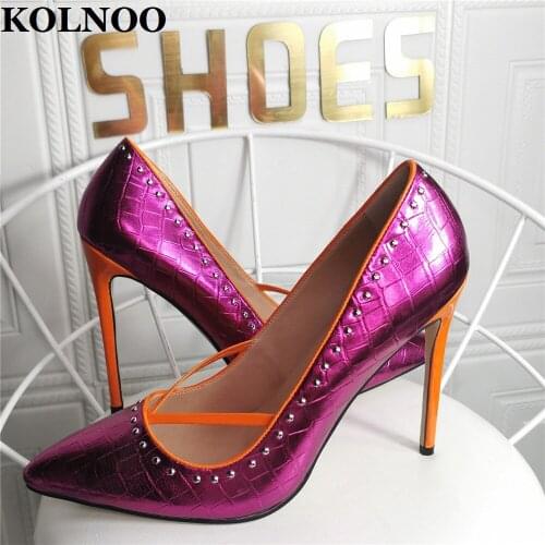 KOLNOO Hot Designed Womens High Heeled Pumps Rivets Spikes Pointy Slip-On Purple Faux Leather Sexy Evening Fashion Court Shoes