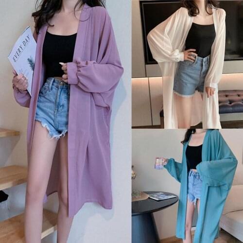 Women Summer Long Batwing Sleeve Solid Color Anti Sun Thin Cardigan Midi Coat