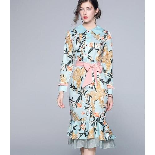 Womens spring autumn long sleece flower print bow belt dress female runway fashion high waist slim Fishtail dress TB927
