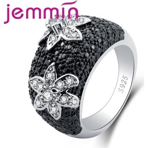 European Style Classic Flower Full Setting Black& White CZ 925 Sterling Silver Ring For Women Mens Jewelry Party Gift