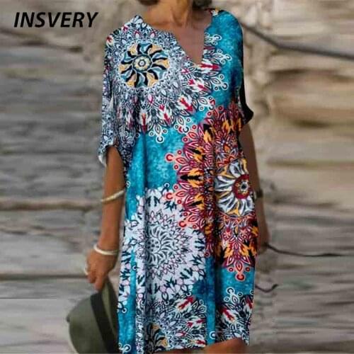 Women V Neck Party Dress 2021 Short Sleeve Loose Print Summer Dresses For Women Casual Office Beach Dress Plus Size 2021