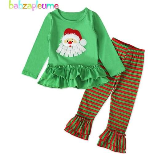 2Piece Kids Christmas Outfits Toddler Girl Fall Clothes For Baby Long Sleeve Cotton Tops+Stripe Pants Children Clothing Set 1953