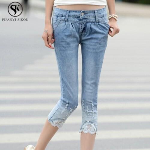 2018 Summer Korean New Fashion Embroidery Beading Washed Calf-Length Pants jeans Female Plus size Casual Elasticity jean LP147