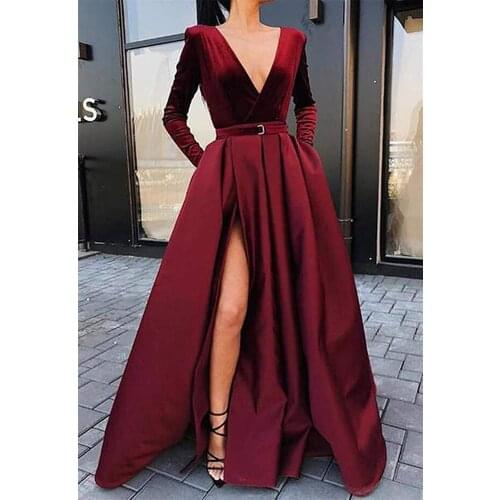 Satin Velvet V Neck Long Sleeves Evening Dresses High Split A Line Long Formal Party Gowns with Sleeves