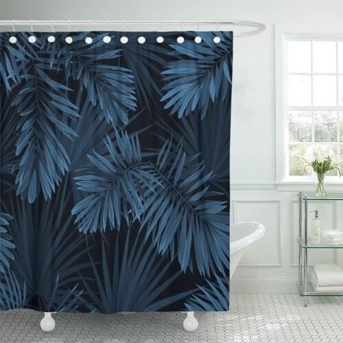 Black Tree Blue Indigo Summer Tropical Camouflage with Palm Leaves Pattern Navy California Abstract Shower Curtain Waterproof