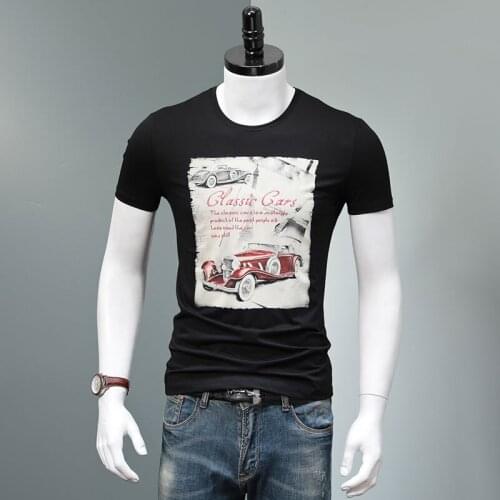 Black Graphic T Shirts Men Oversized Cotton Stretch Slim Fit T-Shirts Classic Cars Printed Tshirt Size S-4XL