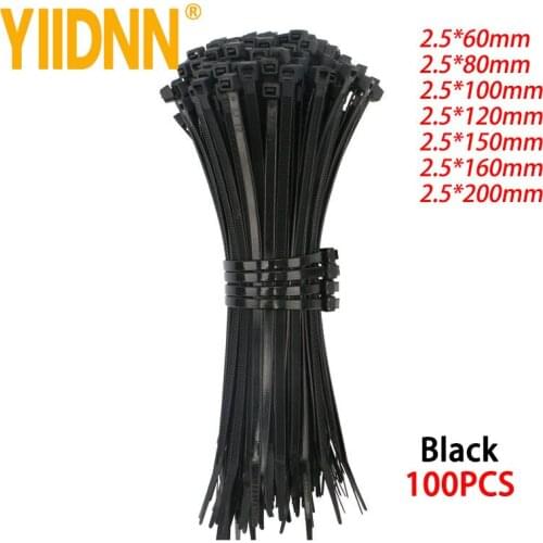 100PCS 2.5 X 60/80/100/200MM Black Plastic Nylon Cable Ties Self-locking Wire Zip Wrap Straps Fasten Zip Tie