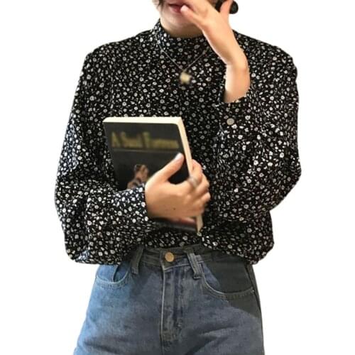 Womens Floral Half Turtleneck Blouses Autumn Spring Retro Long Sleeves Chiffon Shirt Tops 2021