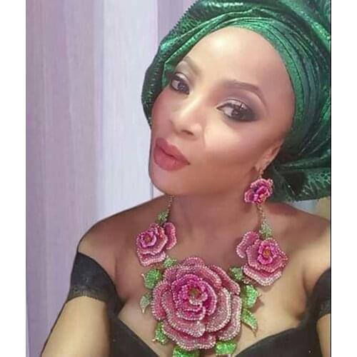 Elegant Pink Women Flower Crystal Wedding Necklace Earrings Set Zircon Rhinestone Party Jewelry Set for Brides WC039