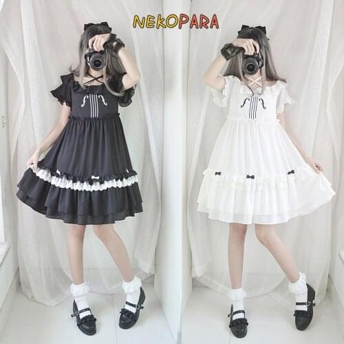 Fannys Violin Womens Lolita OP Dress Summer Short Sleeve Dress Cute Cross Tie Collar Girls One Piece Color White & Black