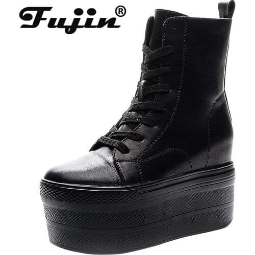 Fujin Genuine Leather 10cm Super Thick Sole Platform Wedge Hidden Heel Boots Shoes Zipper Winter Boots Ankle Warm Booties 2021