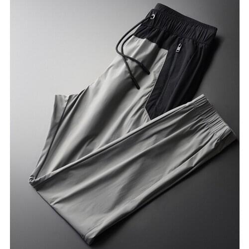 Classic Summer Grey Mens Pants Luxury Zipper Pockets Elastic Waist Mens Trousers 4xl Drawstring Ankle-length Man Pants