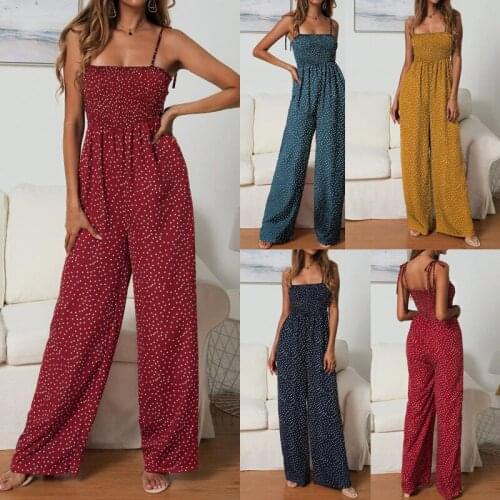 Summer Womens Jumpsuits&Rompers Dot Print Jumpsuits Bandage Lace Up Wide Leg Pants Sleeveless Female Original Design C2499