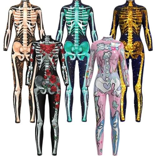 Skeleton Printed Jumpsuits Cosplay Halloween Party Costume Sexy Fitness Tight Bodysuit Carnival Streetwear Romper for Women