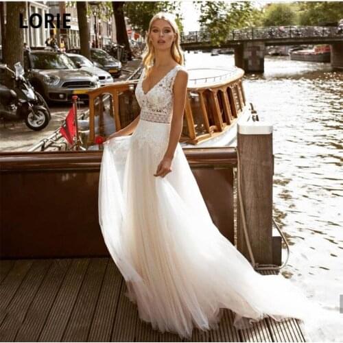 LORIE Bohemian Wedding Dresses V-Neck Lace A-Line Beach Tulle Fashion Bridal Gown Sleeveless Open Back vestidos de verano