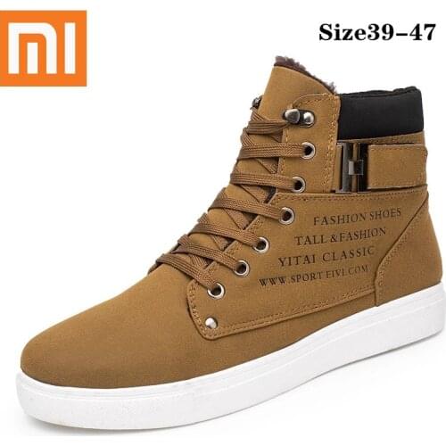 Xiaomi Men Snow Boots Fashion PU Warm Plus Velvet Ankle Boots Men Lace-up High Top Winter Boots Men Shoes Plus Size 39-47