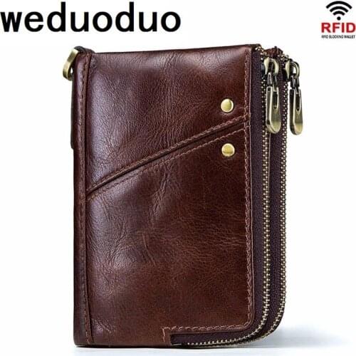 Weduoduo 100% Genuine Leather Men Wallets Vintage Trifold Wallet Zip Coin Pocket Purse Cowhide Leather Wallet For Mens