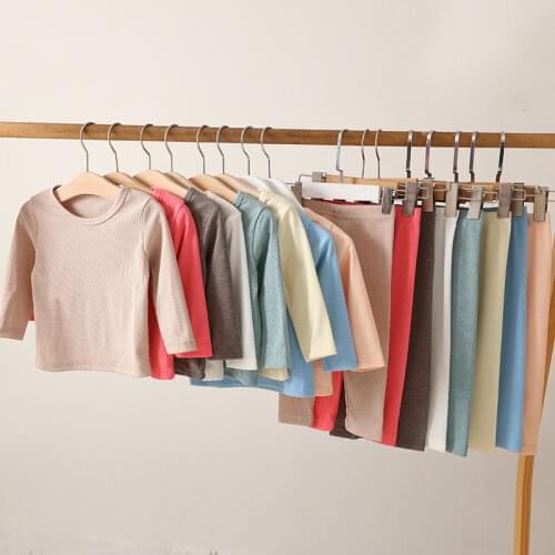 Kids Ribbed Fitted Pajamas Top and Pant Set Unisex Boys Girls Clothes Autumn Winter Long Sleeve