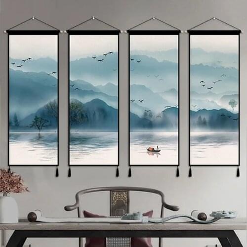 4pcs Retro Landscapes Posters Wall Art Canvas Painting Home Decor Prints Pictures Scroll Painting Hanging Tapestry Office Decor