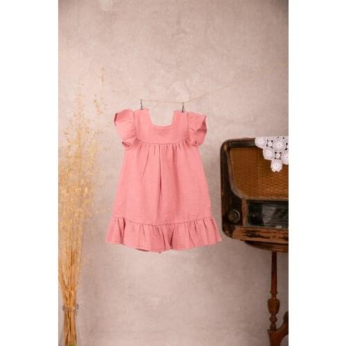 Müslin Dress Button Woven Cotton Square Collar Pink