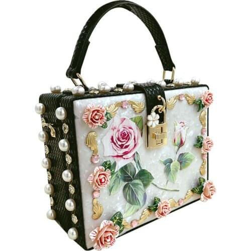 Bag For Women Box Evening Bag Diamond Rose Flower Clutch Bag Hollow Relief Acrylic Luxury Handbag Party Purse Shoulder Bag