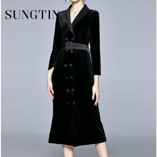 Sungtin V Neck Velvet Dress Women with Belt Sexy Black Long Sleeve Party Dresses Female Vintage Double Breasted Loose Dress 2XL