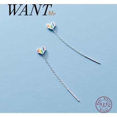 WANTME Sweet Lovely Colorful Love Heart Tassel Stud Earrings for Women Genuine 925 Sterling Silver Teen Chic Ear Line Jewelry