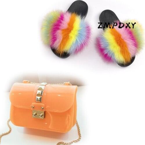 Womens Candy Crossbody Purse Ladies Furry Real Fox Fur Slides Jelly Shoulder Bag Shoes Sets Woman Fluffy Plush Sandals Flip Flop