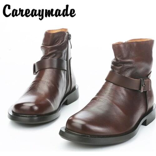 Careaymade-Handmade plain style single boot full leather barefoot womens short boots cow leather womens boots Martin boots