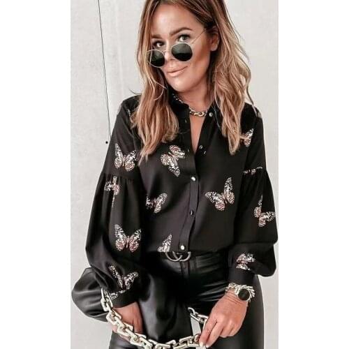 Women Shirts Butterfly Print Tops Turn Down Collar Long Sleeve Blouse Korean Fashion 2021 Spring Ladies Button Up Shirt