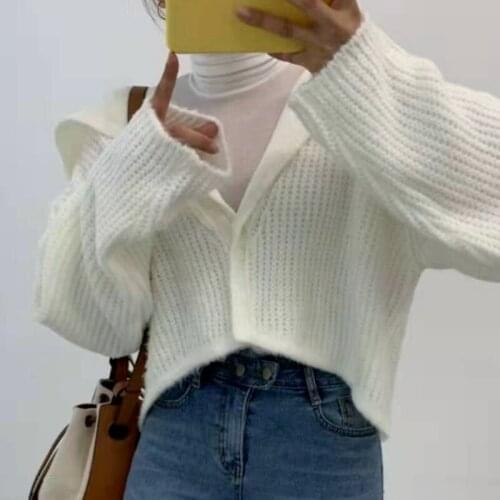 Korean Chic 2021 Autumn Knit Cardigan Streetwear Sweater Age-reducing Single-breasted Big Lapel Sweater Short Coat Women 17262