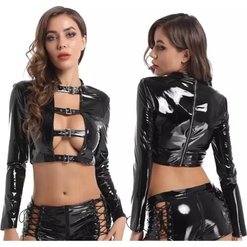Women Shiny Wetlook Leather Lingerie Set Erotic Glossy Latex Boxer Sexy Below Opening Crotch Leather Tops Porn Breast Exposed