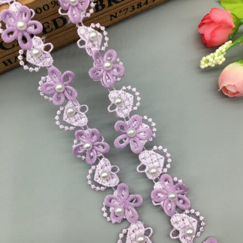 1 Yard Purple Pearl Hearts Flowers Wave Embroidered Lace Trim Ribbon Fabric Sewing Craft For Costume Wedding Dress Decoration