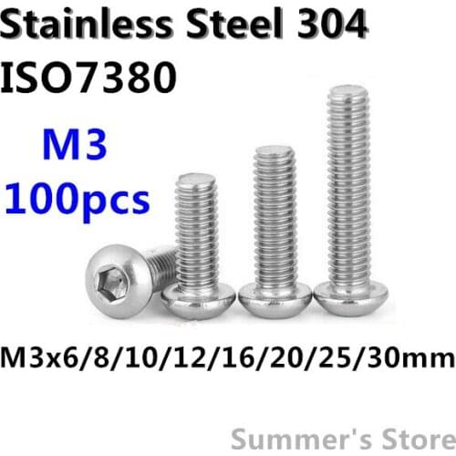 100pcs/lot ISO7380 M3 Stainless screws Hex Socket Button Head Screws M3*6/8/10/12/16/20/25/30mm mushroom head screw
