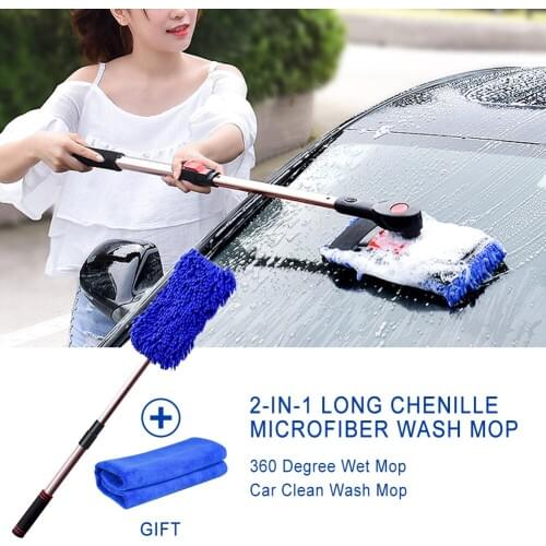 2-in-1 Long Chenille Microfiber Wash Mop 360 Degree Wet Mop Telescopic Multi-function Chenille Brush Car Cleaning Tool Supplies