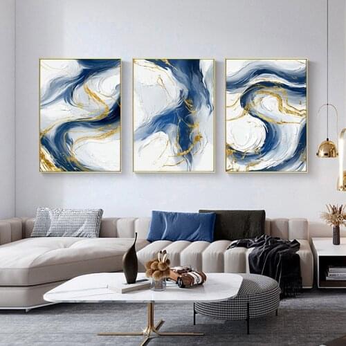 Abstract Blue Golden Canvas Painting Nordic Poster Simplicity Print Contemporary Wall Art Picture for Living Room Home Decor