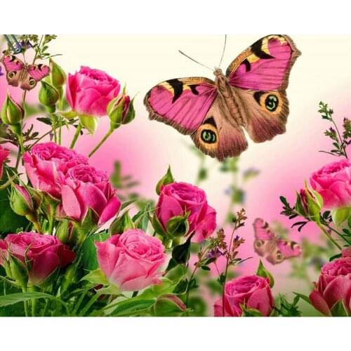 Handmade Diamond Embroidery Red Flowers and Butterflies Mosaic Kit DIY Square Diamond Painting Cross Stitch Home Decor Crafts